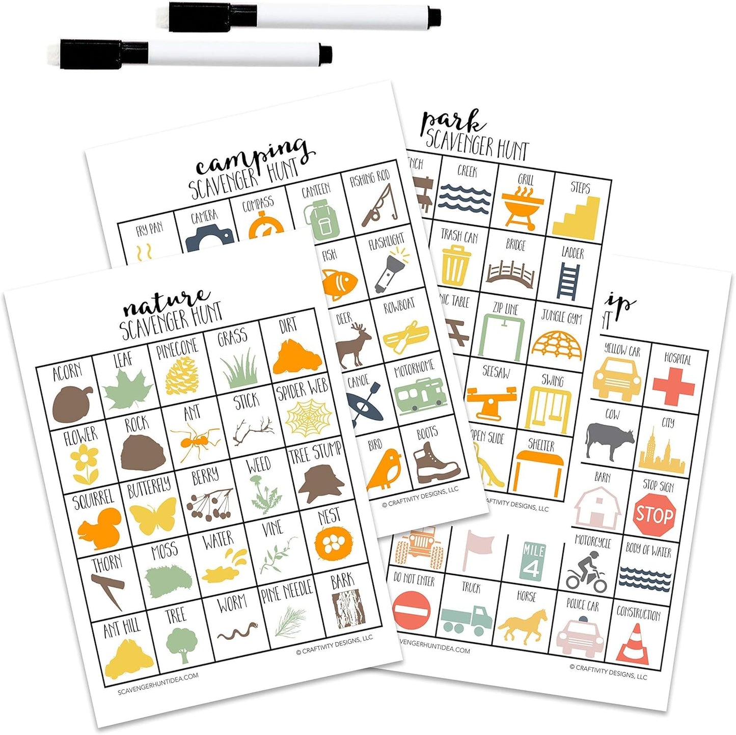 Outdoor Scavenger Hunt Games for Kids, Multipack, Road Trip, Travel Activities, Birthday Party, 5 Dry Erase Markers and 5 of Each Game Card