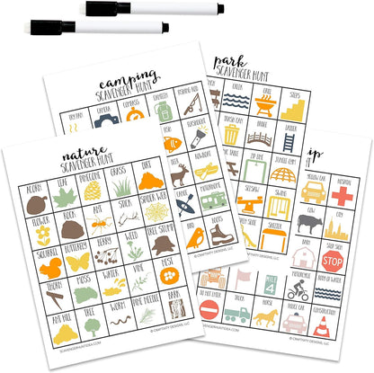 Outdoor Scavenger Hunt Games for Kids, Multipack, Road Trip, Travel Activities, Birthday Party, 5 Dry Erase Markers and 5 of Each Game Card