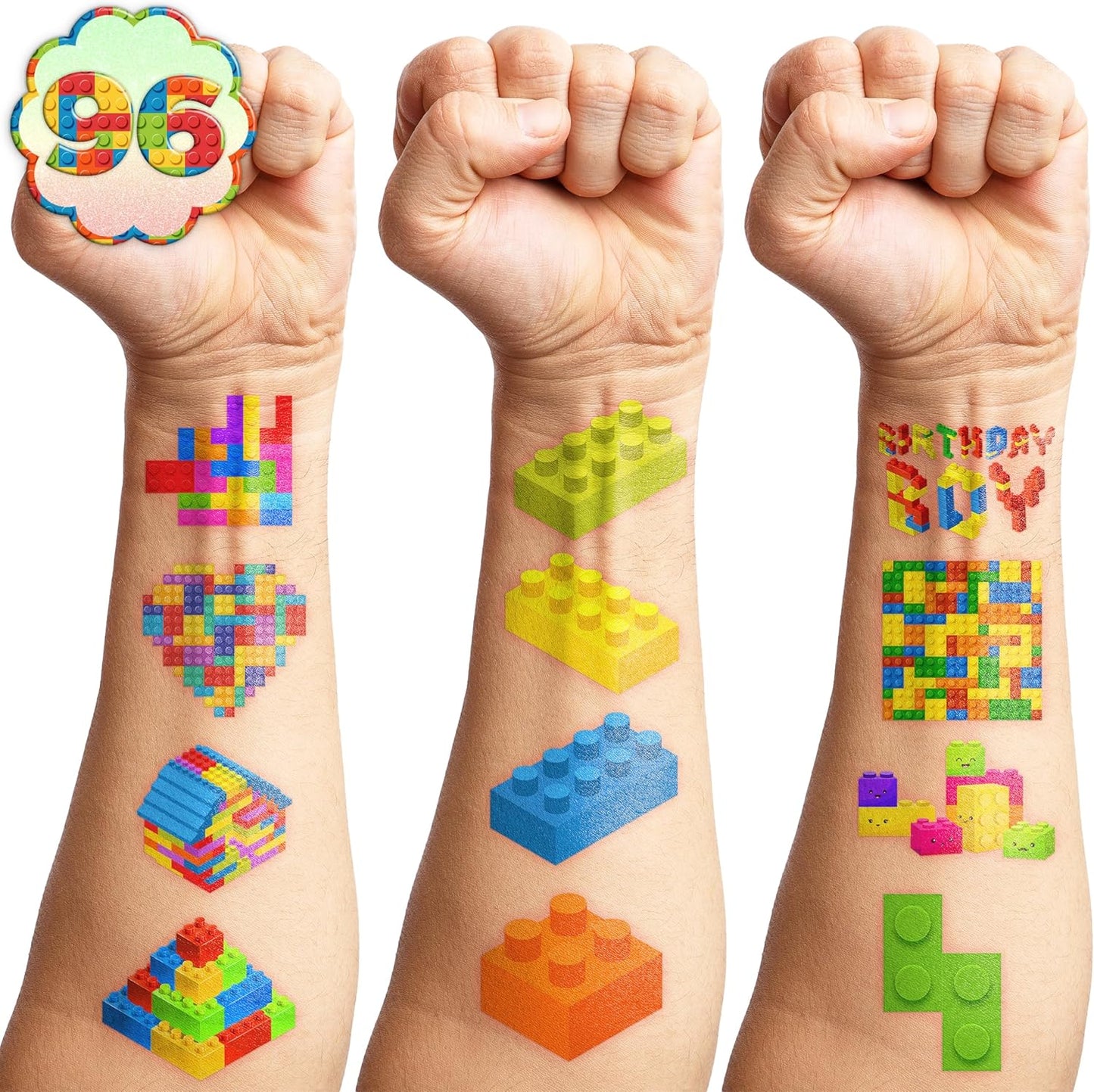 96PCS Building Block Pre-Cut Temporary Tattoos - Cute Party Favors for Kids, Boys & Girls | Birthday Party Supplies, Decorations, Stickers, Gifts, Classroom & School Prizes (Normal)