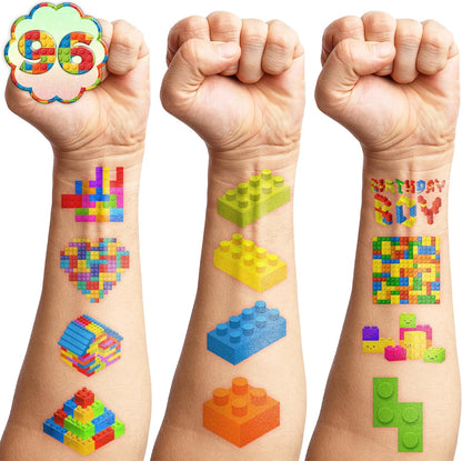 96PCS Building Block Pre-Cut Temporary Tattoos - Cute Party Favors for Kids, Boys & Girls | Birthday Party Supplies, Decorations, Stickers, Gifts, Classroom & School Prizes (Normal)