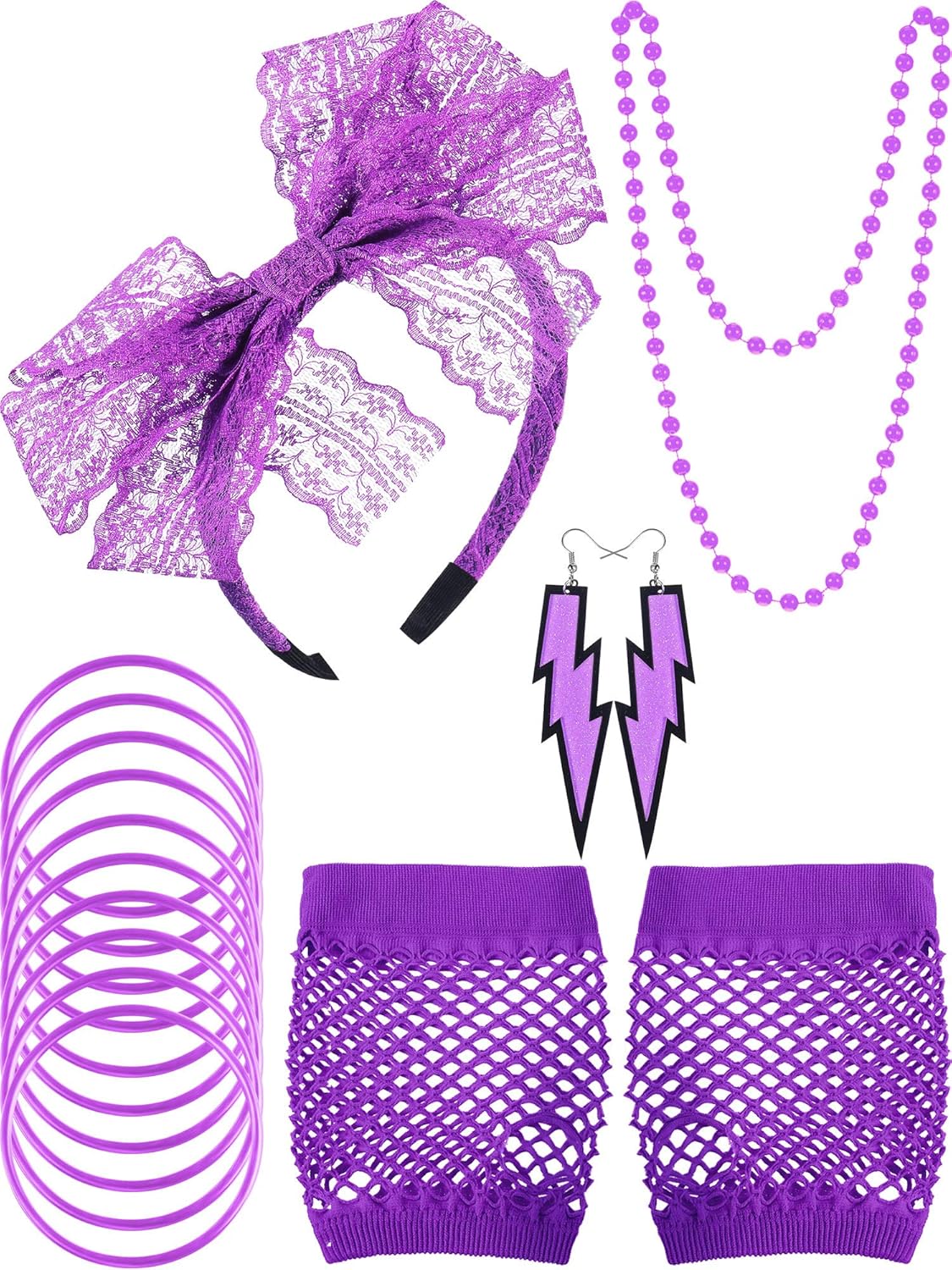 Blulu 80s Accessories Women Lace Headband Earrings Fishnet Gloves Necklace Bracelet for 80s Retro Party Halloween