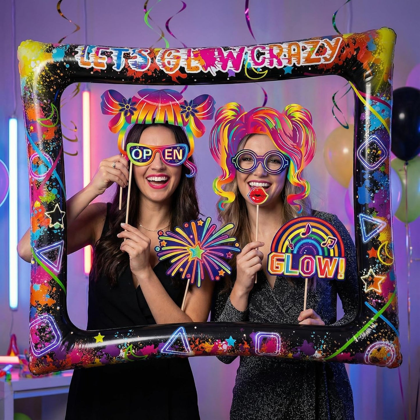 Hawaiian Photo Booth Props & Inflatable Frame, 30Pcs Luau Photobooth Props with Large Inflatable Inflatable Selfie Picture Frame for Summer Tropical Aloha Luau Party Selfie Supplies