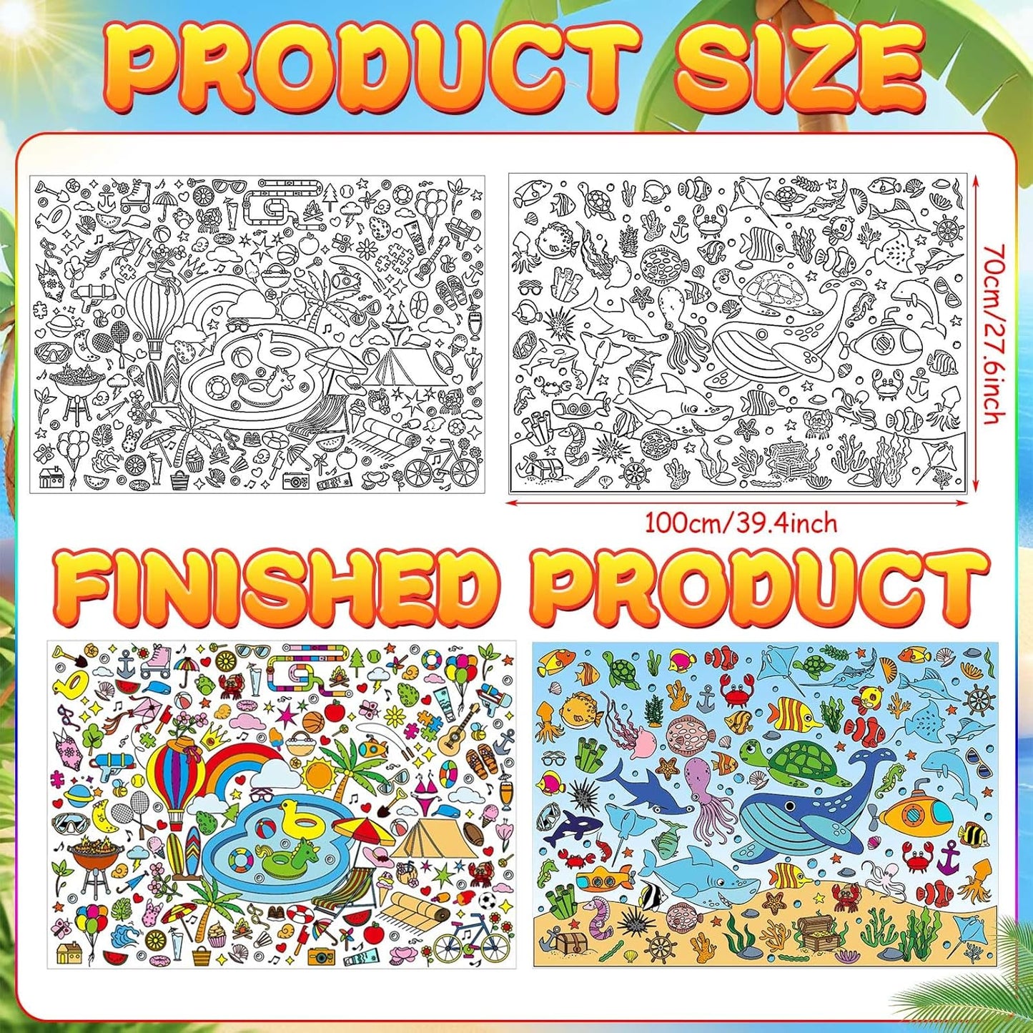 AUGSUN 2 PCS Giant Summer Activity Coloring Poster, Under The Sea Large Coloring Tablecloth Ocean Animals Giant Color-in Paper Table Cover for Kids School Classroom Wall Birthday Crafts Supplies