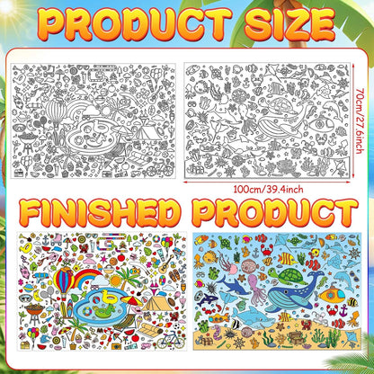 AUGSUN 2 PCS Giant Summer Activity Coloring Poster, Under The Sea Large Coloring Tablecloth Ocean Animals Giant Color-in Paper Table Cover for Kids School Classroom Wall Birthday Crafts Supplies