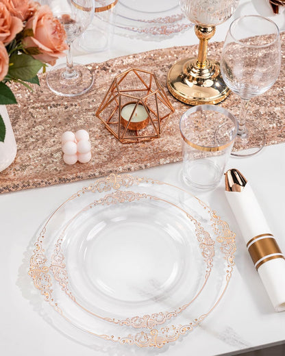 Nervure 350PCS Gold Plastic Plates - Gold Plastic Dinnerware Sets for 50 Guests - 100 Disposable Plates, 150 Silverware, 50 Cups, 50 Napkins for Wedding & Party & Mothers Day