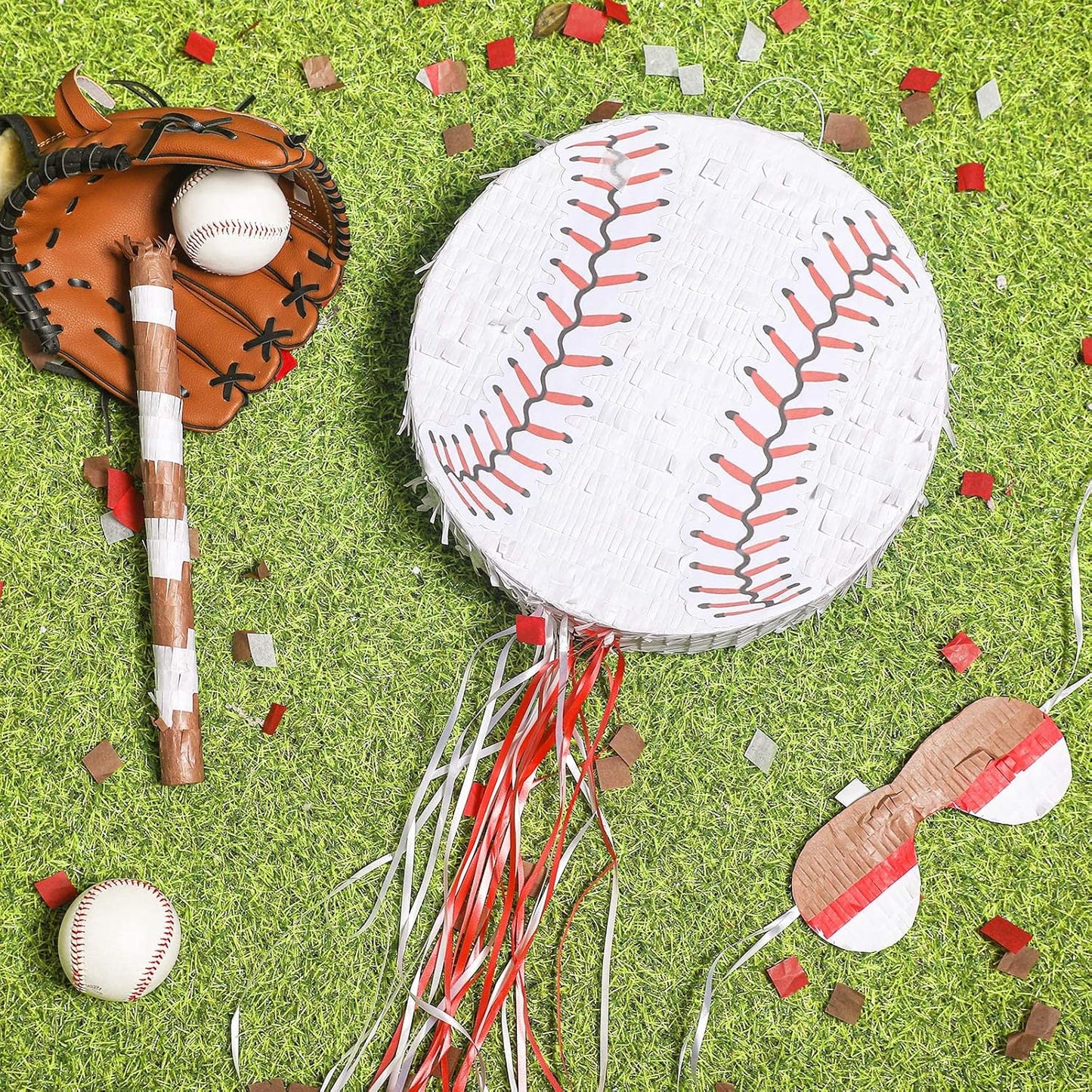 Baseball Piñata with Blindfold Bat for Birthday Party Softball Paper Piñata Sports Balls Confetti Baseball Party Supplies for Birthday Party Decorations 13.19 x 13.19 x 3 Inch(Cool)