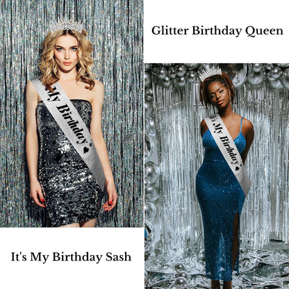 CURASA Birthday Tiara and Sash - Silver Birthday Crown for Women, Perfect for Parties and Celebrations