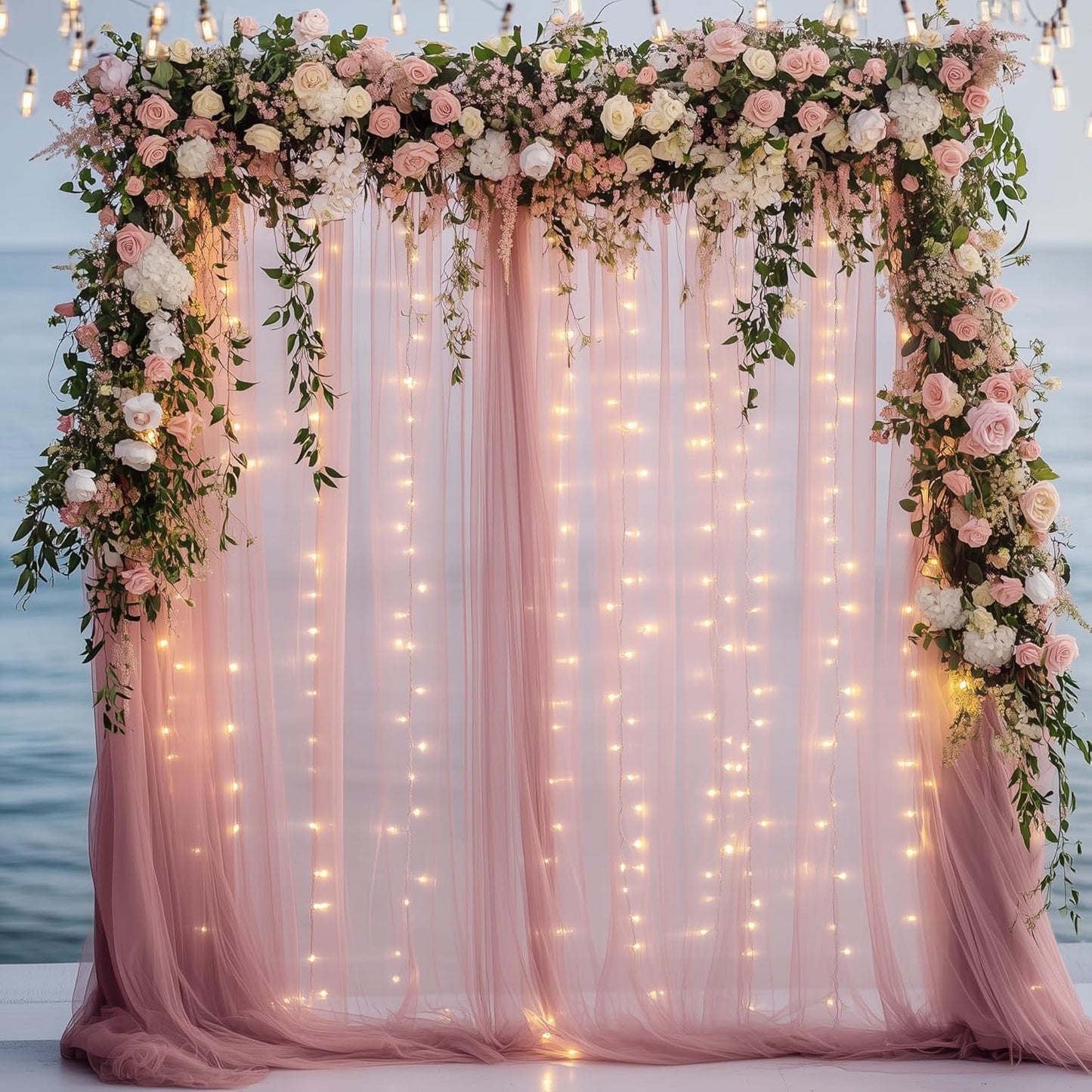 Fomcet Tulle Backdrop Curtains with Lights String White 10FT X 8FT Sheer Curtain with Lights Tulle Curtains Backdrop for Wedding Birthday Party Baby Shower Photo Shoot (2 Panels 5x8FT)
