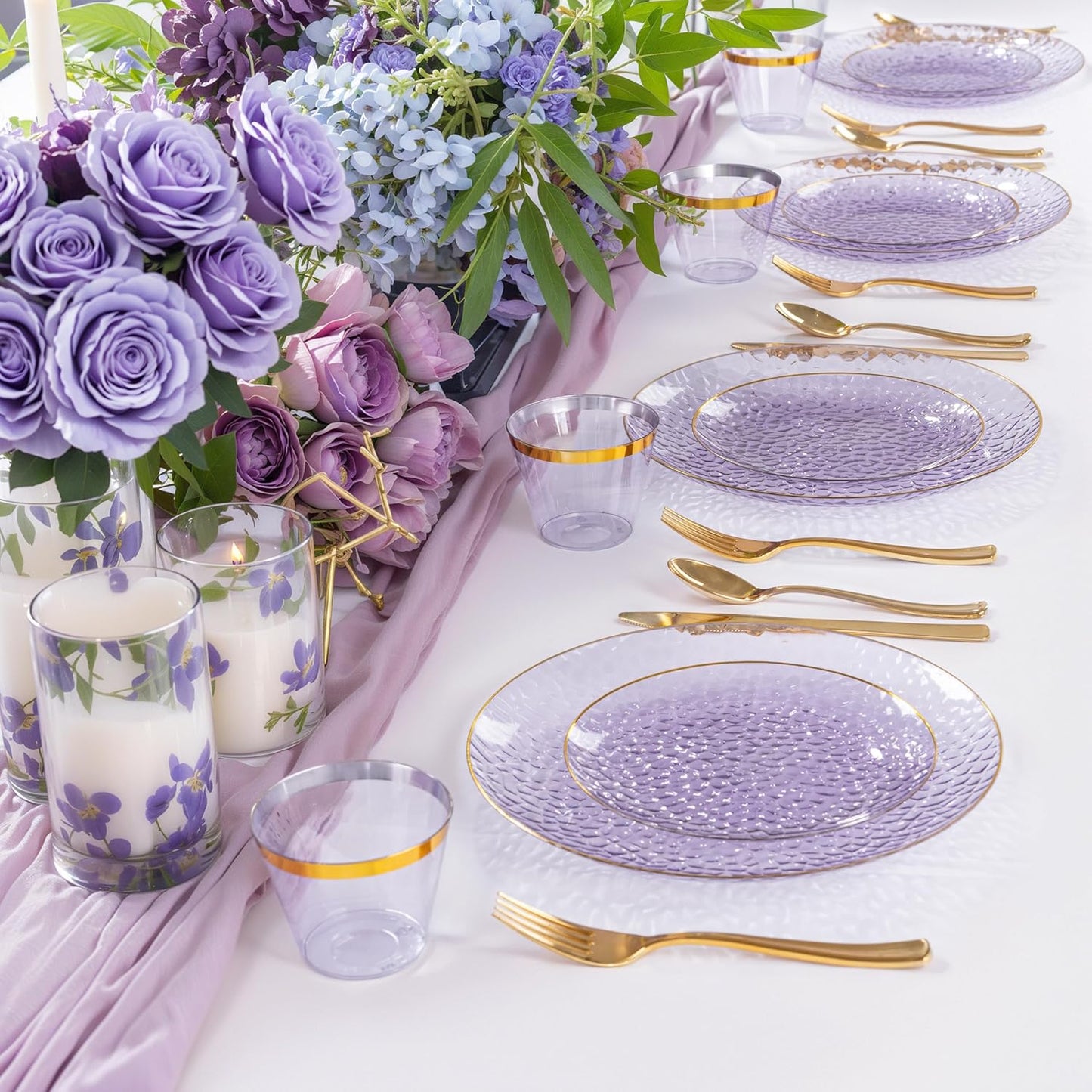 Rubtlamp 350 Pcs Clear Blue Plastic Plates, Blue Gold Plastic Dinnerware Set (50 Guests), Blue Disposable Plates With Gold Rim, Hammered Party Plates Set for Wedding And Party