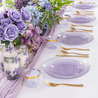 Rubtlamp 350 Pcs Clear Blue Plastic Plates, Blue Gold Plastic Dinnerware Set (50 Guests), Blue Disposable Plates With Gold Rim, Hammered Party Plates Set for Wedding And Party