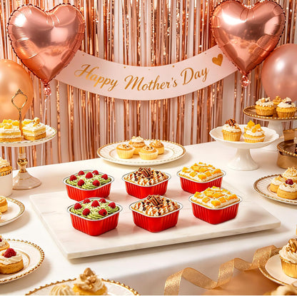 NPLUX 50 Pcs Mini Cake Pans with Lids and Spoons Aluminum Foil Mini Square Baking Cups with Lids Disposable Ramekins Cake Pans Dessert Cups for Wedding Mothers Day Gifts Party Favors(Pink,5oz)