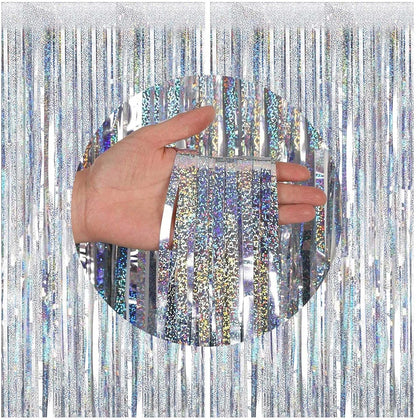 FECEDY 2pcs 3ft x 8.3ft Shiny Corlorful Metallic Tinsel Foil Fringe Curtains Photo Booth Props for Engagement Bridal Shower Bachelorette Baby Shower Bachelorette Holiday Celebration Party Decorations