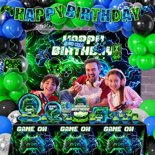 Video Game Birthday Decorations,260pcs Gaming Party Decorations Gamer Birthday Party Decorations Plates and Napkins Cups Tablecloth, Game Party Decorations for Boys Cake Topper Hanging Swirls