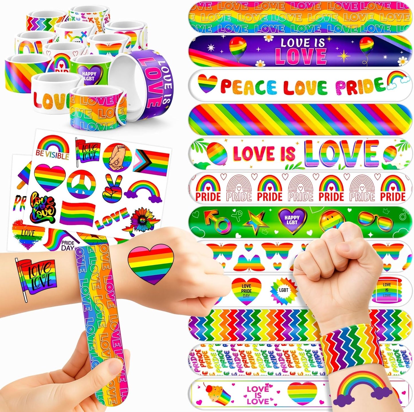 48PCS Pride Party Set - 24PCS Rainbow Temporary Tattoos & 24PCS Slap Bracelets-LGBTQ+Celebration Supplies, Birthday Gifts, Baby Shower Favors, Classroom Rewards,Party Decor for Kids (Boys & Girls)