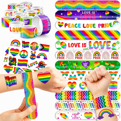 48PCS Pride Party Set - 24PCS Rainbow Temporary Tattoos & 24PCS Slap Bracelets-LGBTQ+Celebration Supplies, Birthday Gifts, Baby Shower Favors, Classroom Rewards,Party Decor for Kids (Boys & Girls)