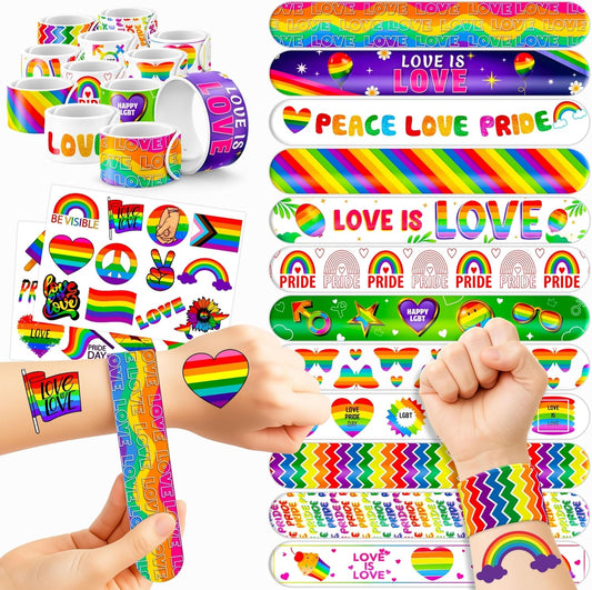 48PCS Pride Party Set - 24PCS Rainbow Temporary Tattoos & 24PCS Slap Bracelets-LGBTQ+Celebration Supplies, Birthday Gifts, Baby Shower Favors, Classroom Rewards,Party Decor for Kids (Boys & Girls)