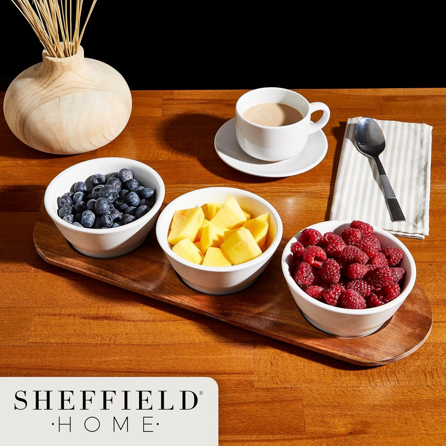 Sheffield Home 10oz Wooden Chip and Dip Serving Set - Chips and Dip Platter with Removeable Dip Bowls - Chip and Dip Serving Dish & Condiment Tray for Barbecues, Buffets and Parties