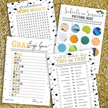 DISTINCTIVS Graduation Party Games, 4 Graduation Games for Parties Class of 2026 - This or that, Emoji, Picture Zoom, Word Search - 25 Guests