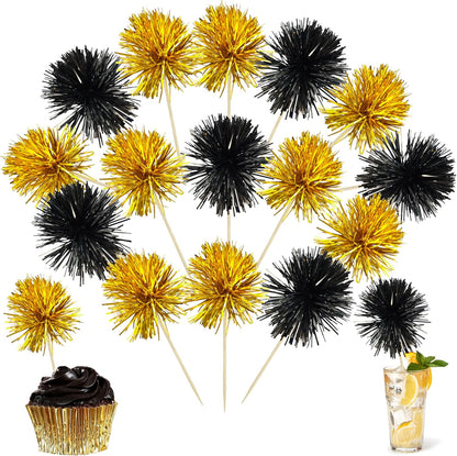 Ephlyn 30Pcs Foil Firework Cupcake Toppers Sparkle Tinsel Cupcake Picks Drink Stirrers Cocktail Food Fruit Toothpicks for Baby Shower Graduation Party Supplies White