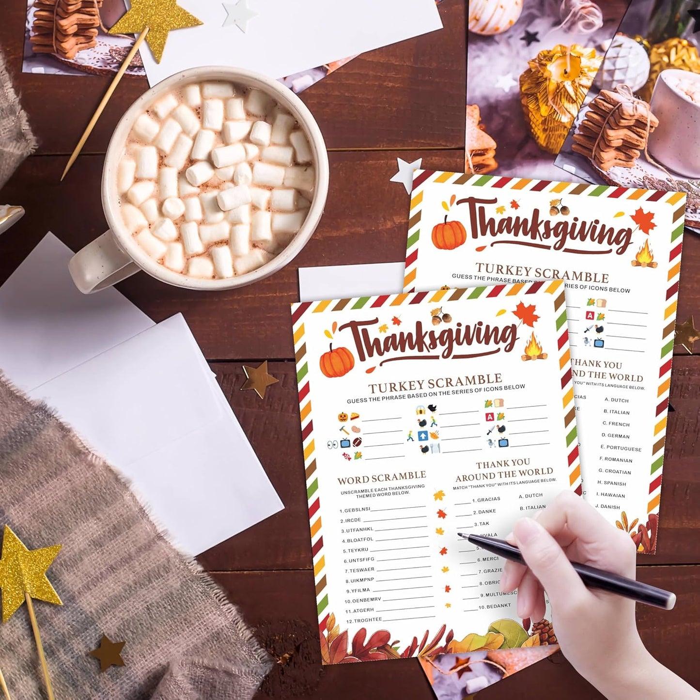 Thanksgiving Scavenger Hunt Game Set, 30 Harvest Stripes Theme Double-Sided Game Cards for Thanksgiving Parties, Family, Friends & Classroom Activities -B04