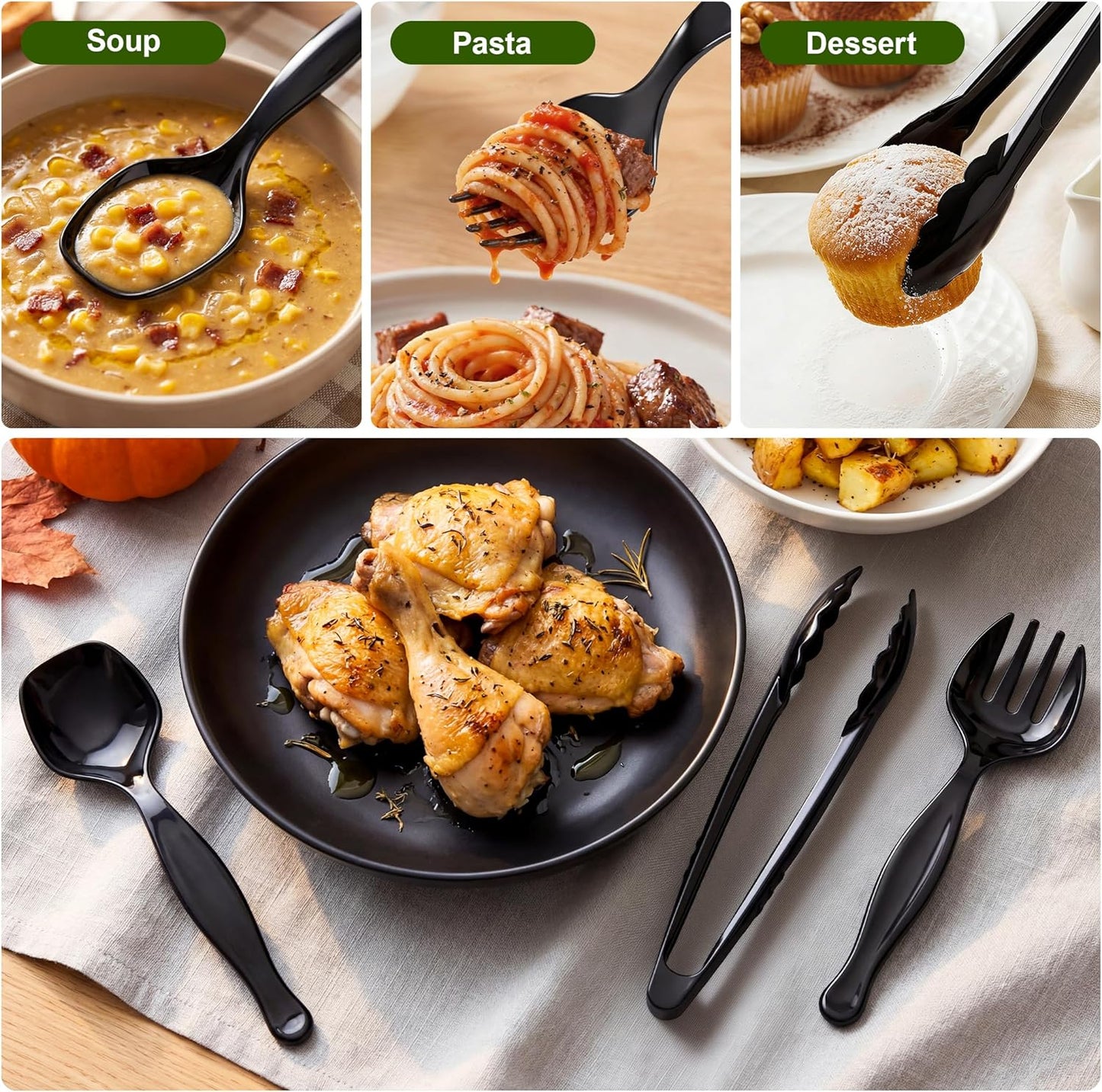 36Pcs Disposable Plastic Serving Utensils Set, 12 Black Spoons, 12 Forks, 12 Tongs, 9-Inch for Party Buffet Catering Events, Heavy Duty and Ergonomic Design