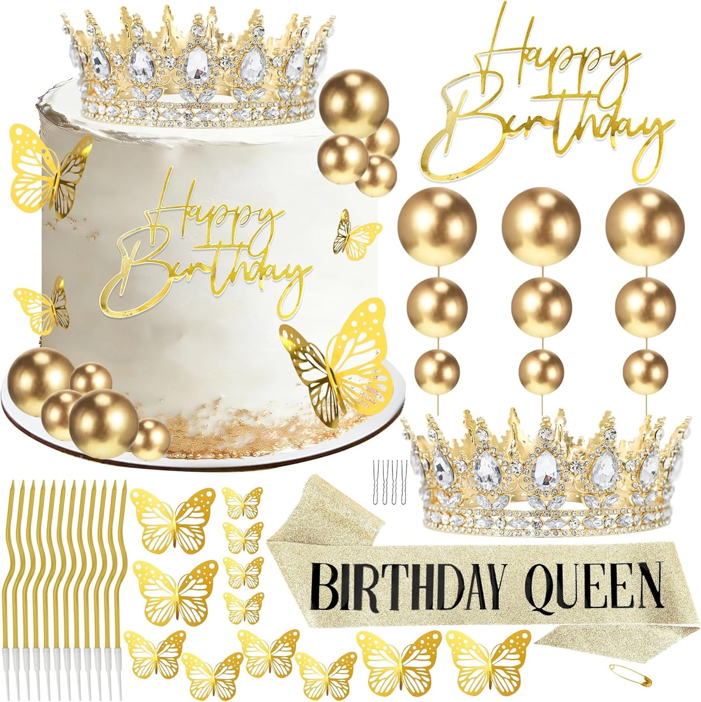 Crown Cake Topper, Balls Happy Birthday Cake Topper Pink Crown Birthday Candles Gold Butterflies, Corona Para Pastel, Cake Decorations for Birthday Wedding (Gold, Pink)