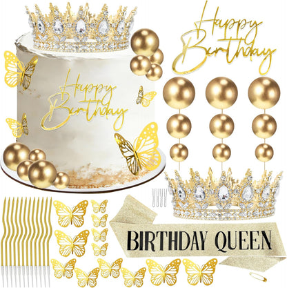 Crown Cake Topper, Balls Happy Birthday Cake Topper Pink Crown Birthday Candles Gold Butterflies, Corona Para Pastel, Cake Decorations for Birthday Wedding (Gold, Pink)