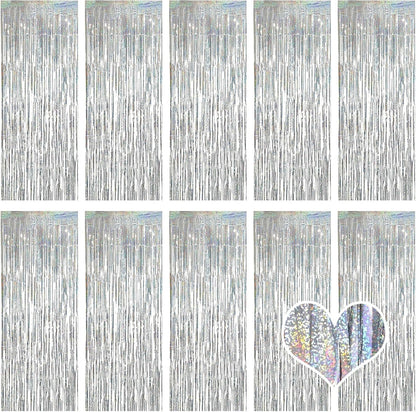 10 Pack Silver Backdrop Curtain 3.2ft x 8.2ft Metallic Tinsel Foil Fringe Curtains Photo Booth Background for Birthday Party Decoration Baby Shower Engagement Wedding Christmas Decoration (Silver)