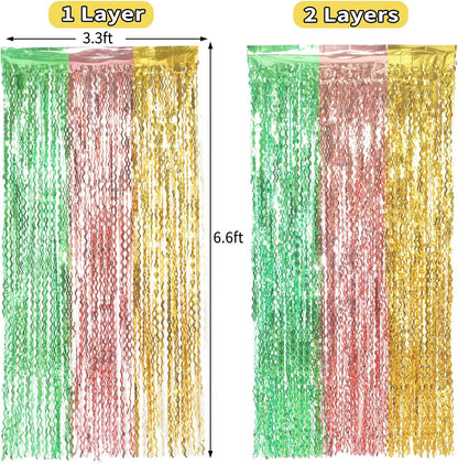 3 Pack Colorful Foil Fringe Curtain Backdrop - 6.6 x 3.3 ft Wavy Rainbow Tinsel Backdrop Curtain Metallic Streamers Iridescent Holiday Photo Booth Party Decorations