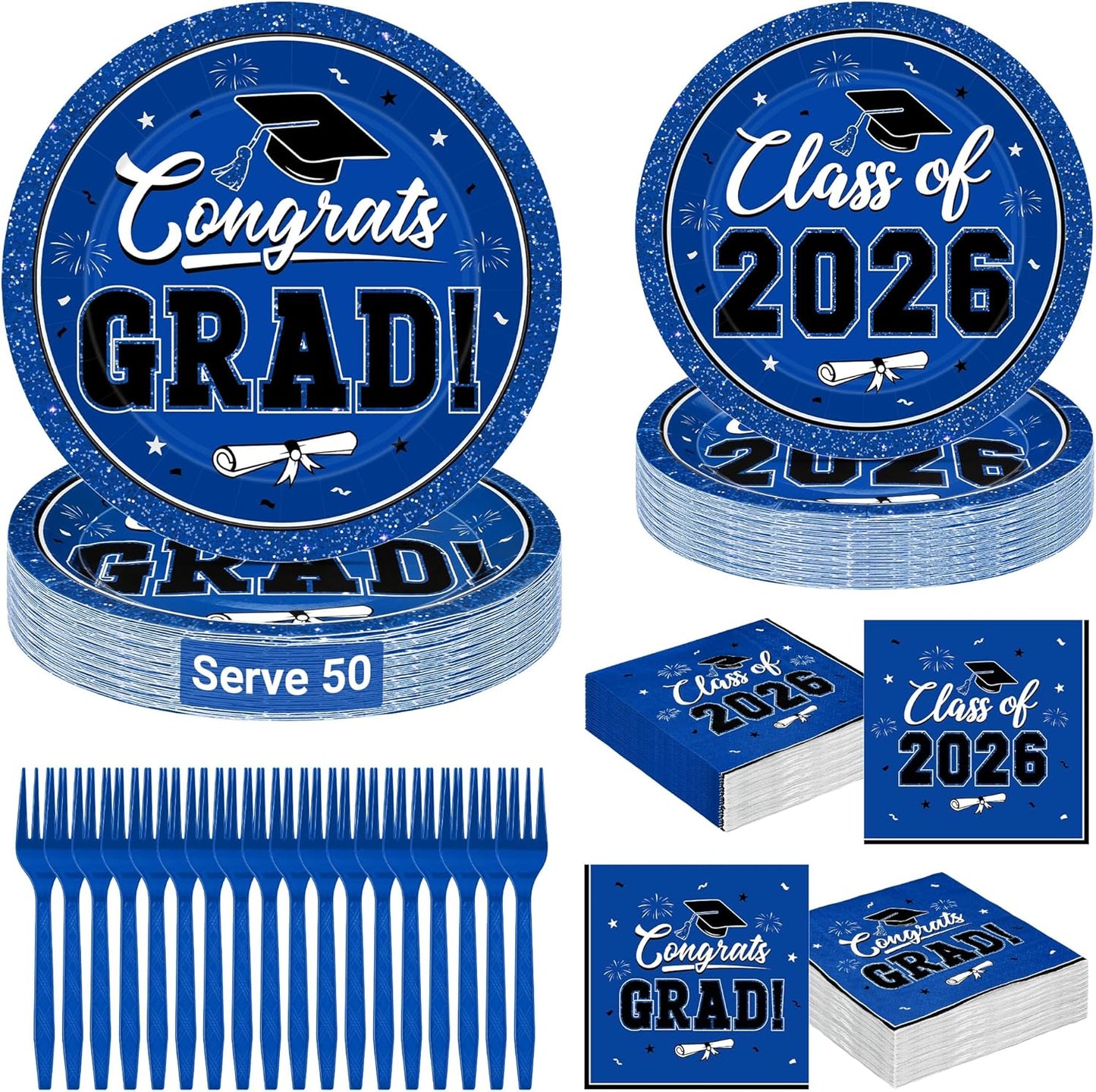 200Pcs Graduation Decorations 2026, Blue Graduation Plates and Napkins Party Supplies for 50 Guests, Disposable Grad Plates, Napkins, Dessert Plates and Forks for Grad Decor Wedding Birthday Supplies