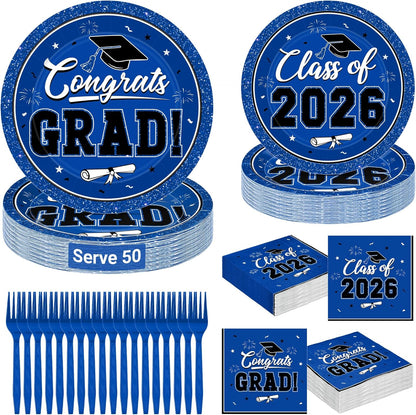 200Pcs Graduation Decorations 2026, Blue Graduation Plates and Napkins Party Supplies for 50 Guests, Disposable Grad Plates, Napkins, Dessert Plates and Forks for Grad Decor Wedding Birthday Supplies