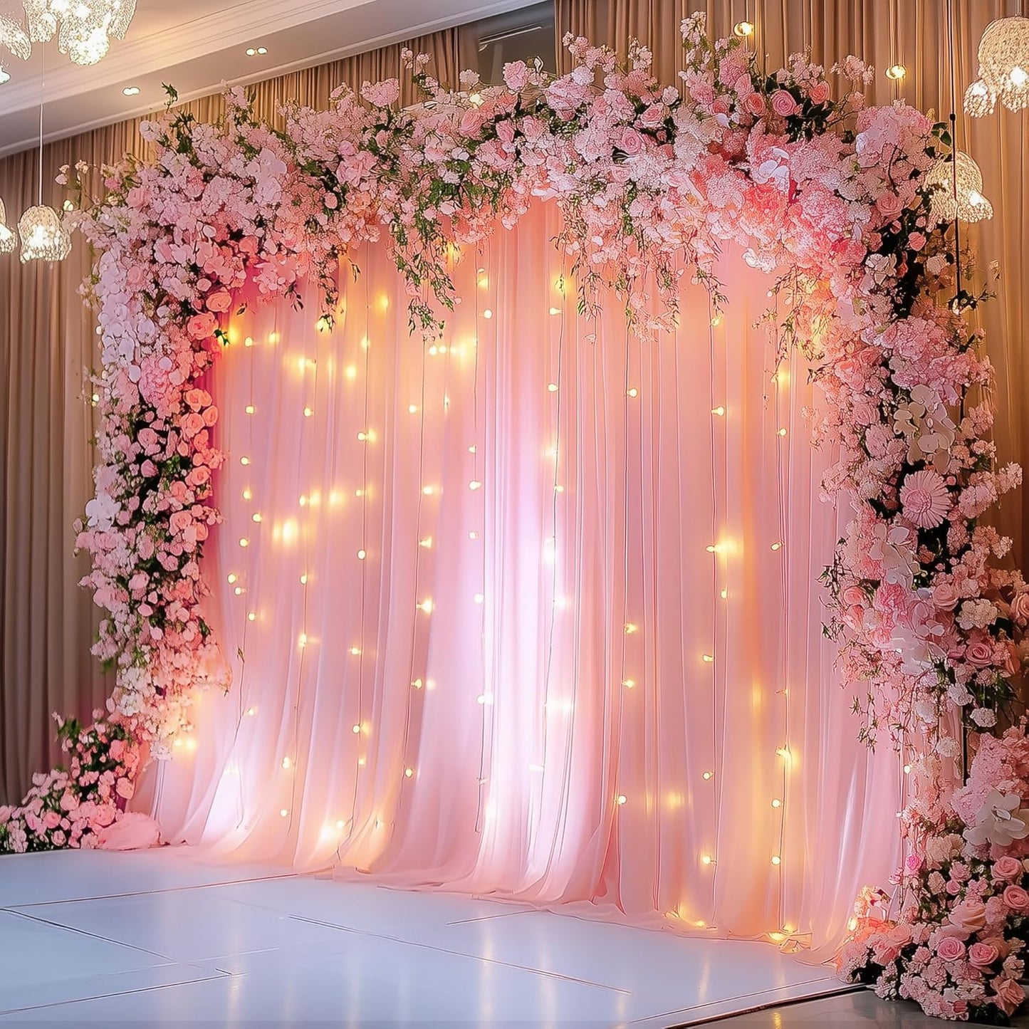 Fomcet Tulle Backdrop Curtains with Lights String White 10FT X 8FT Sheer Curtain with Lights Tulle Curtains Backdrop for Wedding Birthday Party Baby Shower Photo Shoot (2 Panels 5x8FT)