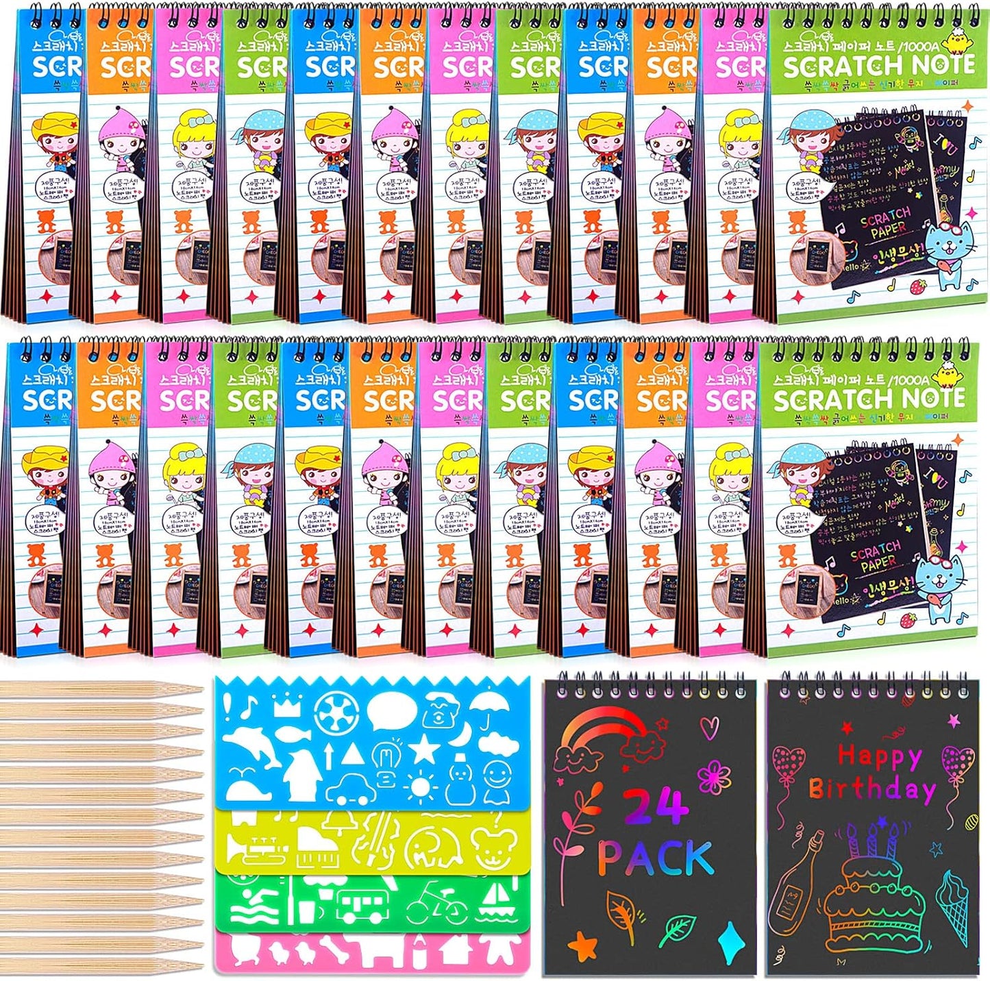 POKONBOY 16 Pack Scratch Arts and Crafts Notebooks, Scratch Note Pads for Kids Rainbow Party Favors Coloring Books for Kids Art Party Supplies Stocking Stuffers（16 Wooden Stylus & 4 Drawing Stencils）