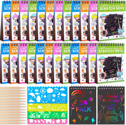 POKONBOY 16 Pack Scratch Arts and Crafts Notebooks, Scratch Note Pads for Kids Rainbow Party Favors Coloring Books for Kids Art Party Supplies Stocking Stuffers（16 Wooden Stylus & 4 Drawing Stencils）