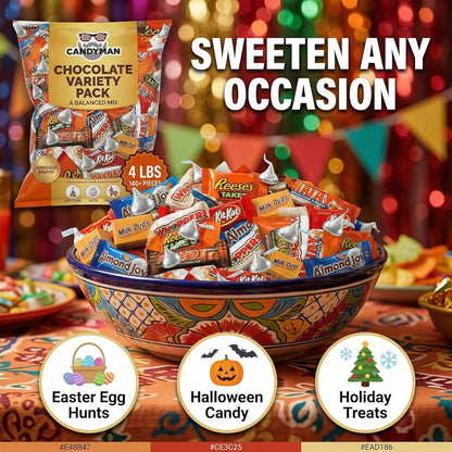 CANDYMAN 4 lb Assorted Chocolate Candy Variety Pack, Bulk Chocolate Individually Wrapped, Candy & Holiday Treats, Father's Day, Ship with Ice