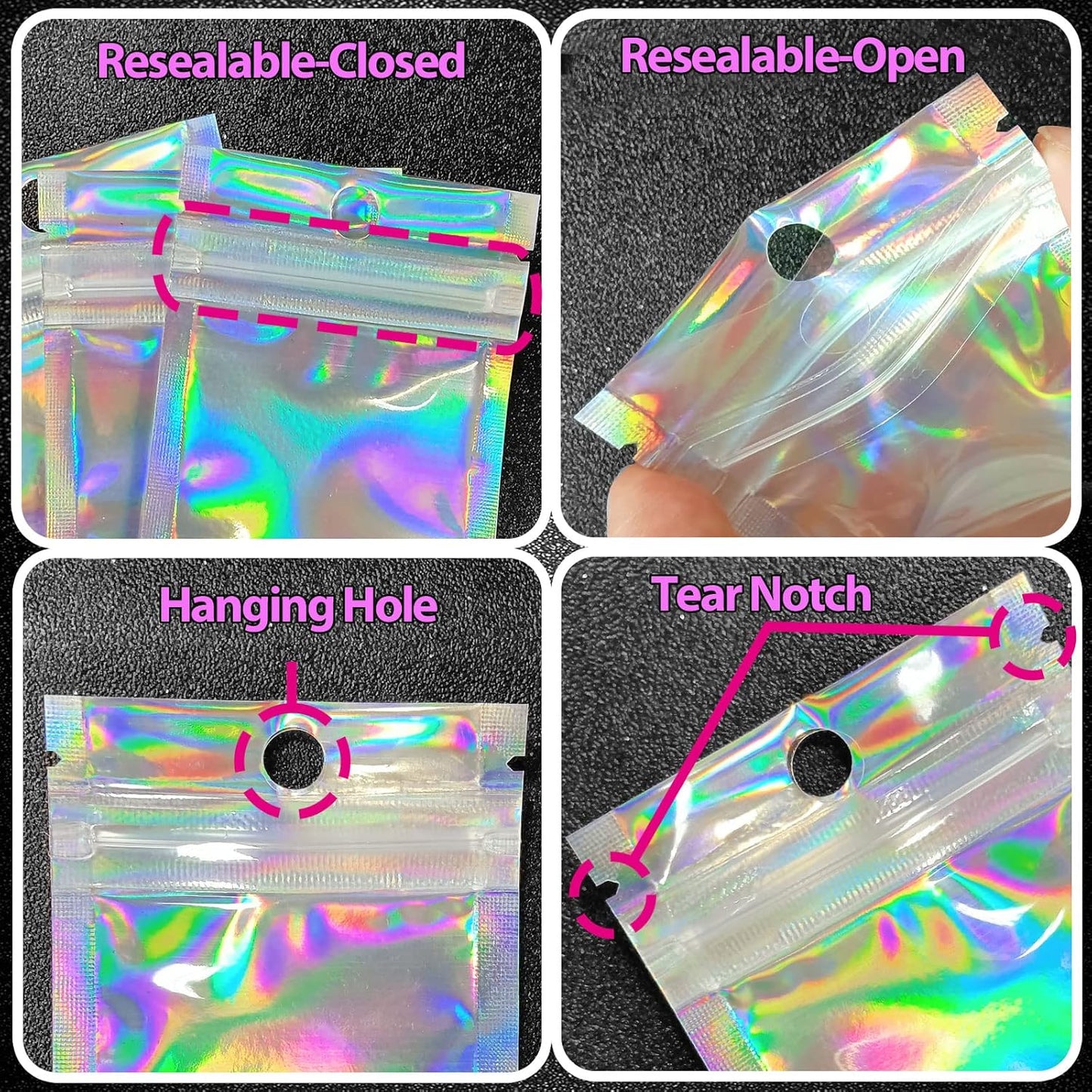 Trunple Smell Proof Bags & Resealable Foil Pouch Mylar Sample Bag Great for Party Favor Food Storage (Holographic Color) (50pcs-6x9 inch)