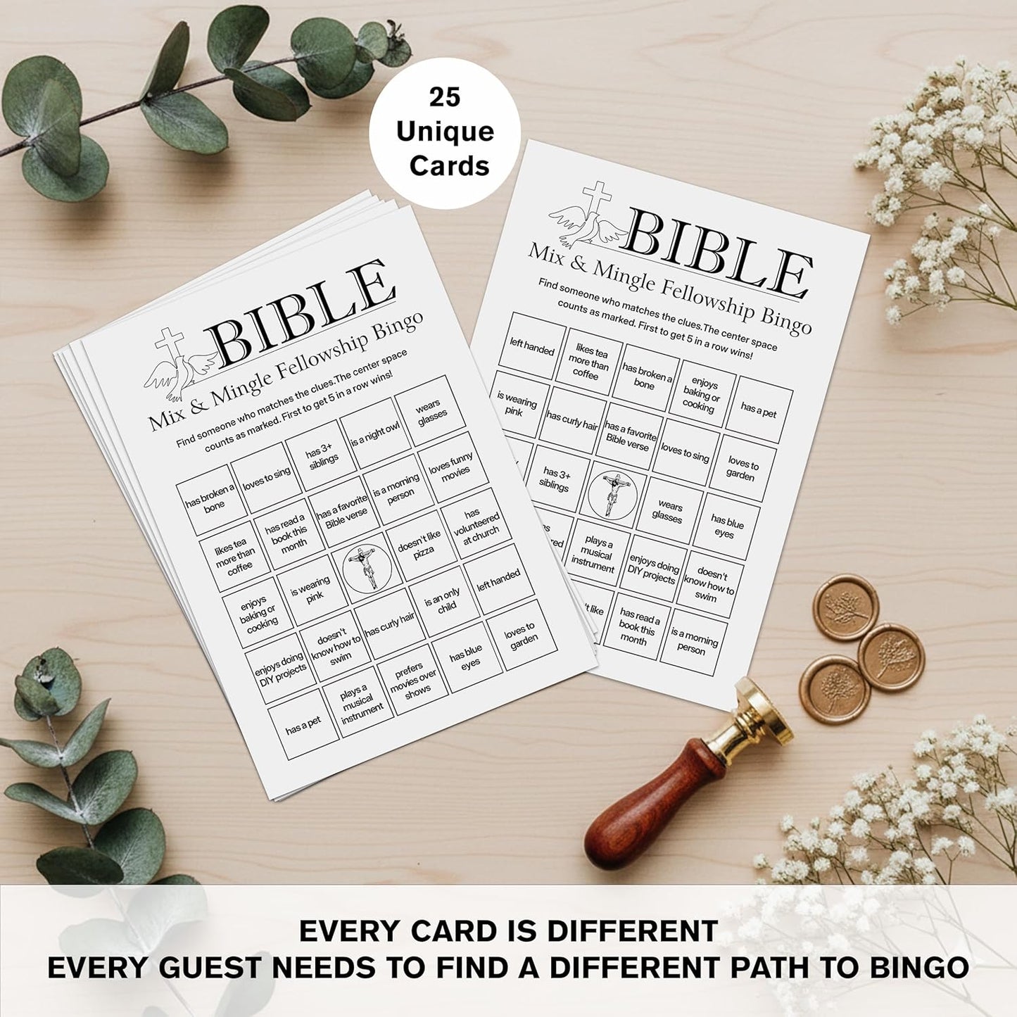 Bible Fellowship Bingo Cards, 25 Unique Sheets, Bible Bingo for Church Groups, Engaging Christian Games, Fun Bible Games Activity for Youth and Adults