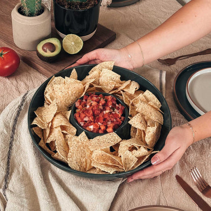 Mora Ceramic Chips and Dip Serving Tray: Large Divided Party Bowl Set for Chips & Salsa, Veggies & Dip, Fruit, Snacks, Entertaining, Hosting, etc. Minimalist Design for the Modern Hostess - White
