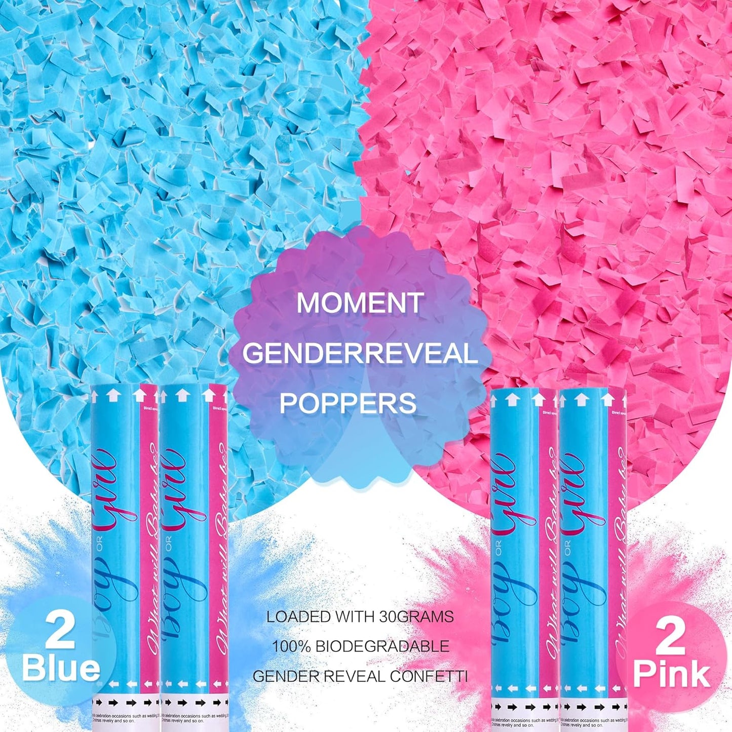 Biodegradable Pink Gender Reveal Confetti Poppers 4Pack