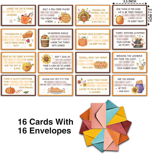 Fall Thanksgiving Scavenger Treasure Hunt Clues Games for Friends, Pumpkin Riddle Clue Cards, Thanksgiving Party Game, Indoor Outdoor Families Autumn Activity (16 Cards with Envelopes)