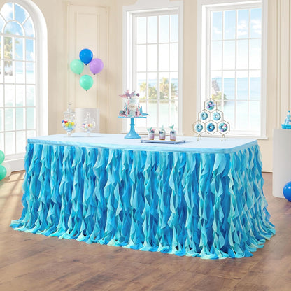 leegleri 6FT Tulle Ruffle Curly Willow Table Skirt for Rectangle or Round Tables, Under The Sea Ocean Blue Baby Shark Themed Tutu Table Skirt for Baby Shower, Birthday Party