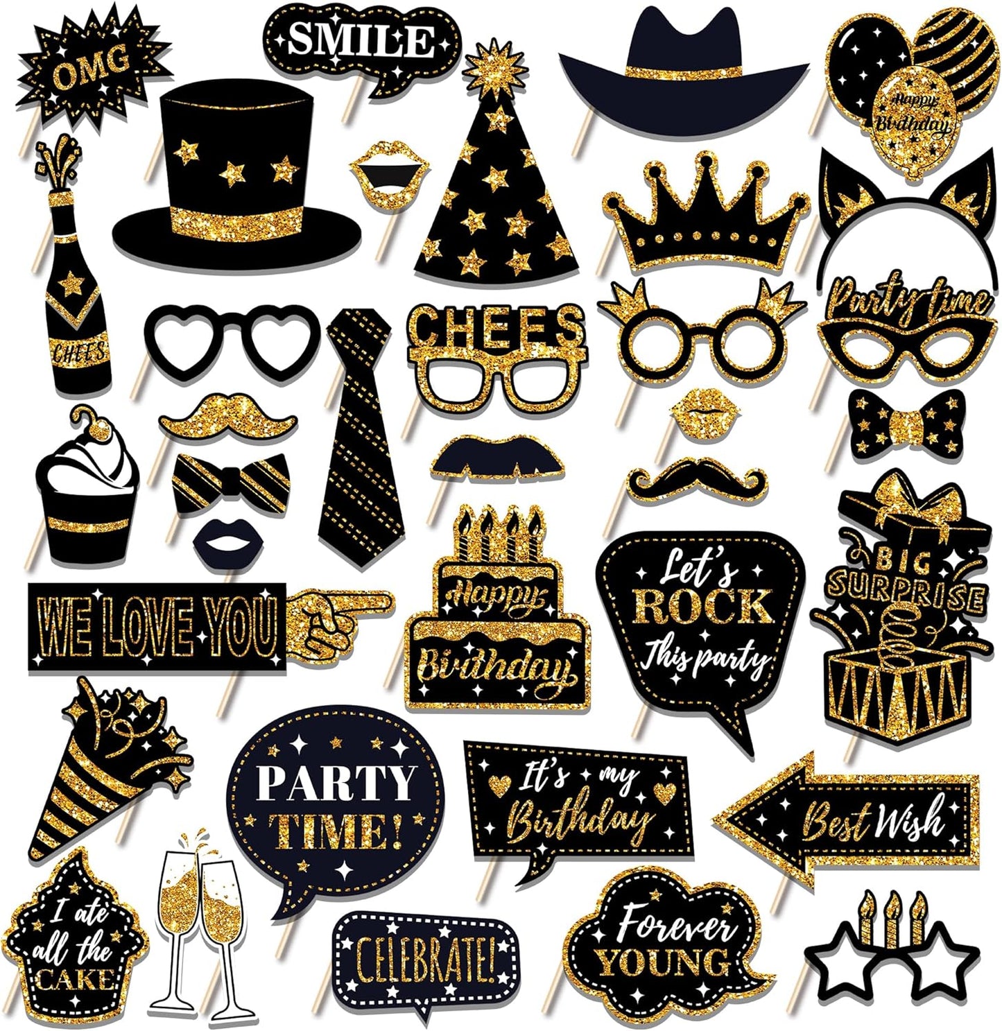 36 PCS Birthday Photo Booth Props Party Supplies Holiday Picture Decorations Photo Booth Props for Birthday Party Favors Pose Sign Kit Fun for Party (Purple and Black)