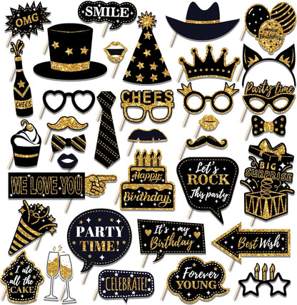 36 PCS Birthday Photo Booth Props Party Supplies Holiday Picture Decorations Photo Booth Props for Birthday Party Favors Pose Sign Kit Fun for Party (Purple and Black)
