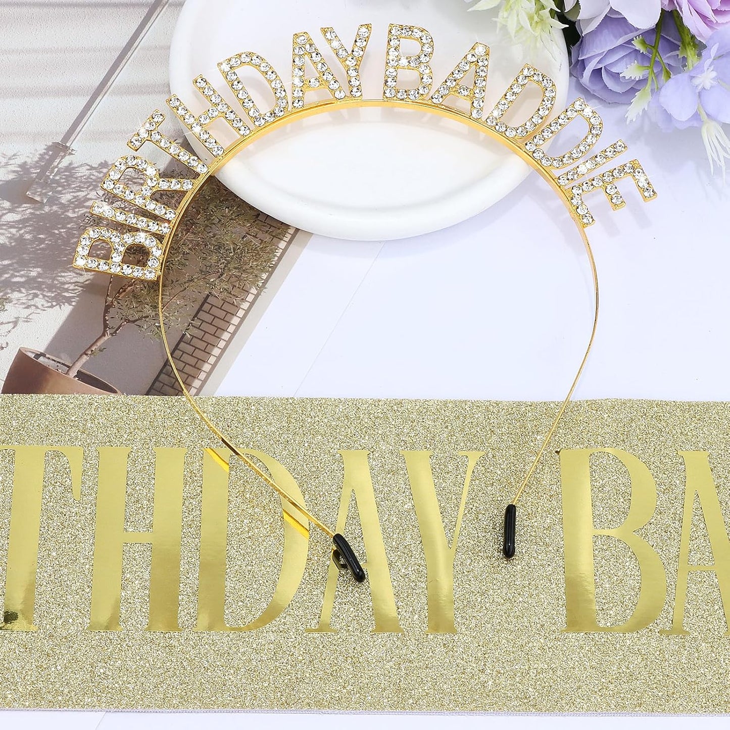 Aprince Birthday Baddie Sash and Tiara Crown for Women Girls Black Gold Happy Birthday Headband Accessiores Party Decorations