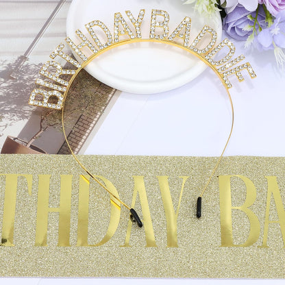 Aprince Birthday Baddie Sash and Tiara Crown for Women Girls Black Gold Happy Birthday Headband Accessiores Party Decorations