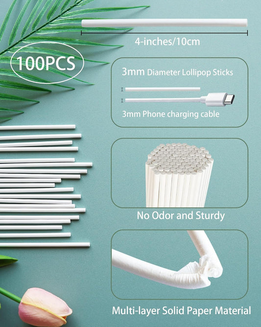 4-inch White Lollipop Sticks and Bags Set, 100Pcs Paper Candy Sticks,100Pcs Clear Bags, 100Pcs Twist Ties for Hard Candy, Chocolate, Cookie, Dessert (Gold)