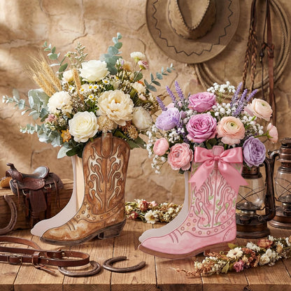 Dunzoom 8 Set DIY Western Cowboy Boots Flower Boxes Crafts Western Cowgirl Centerpiece for Table Cowboy Boot Scratch Art Kit Cowgirl Flower Boxes to Paint Wedding Birthday Party Supplies(Brown)