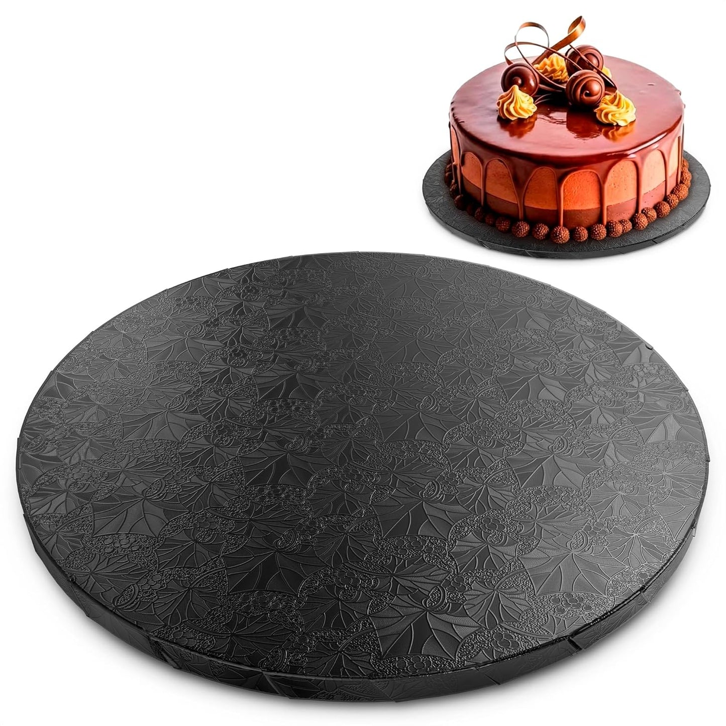 12 Inch Cake Drum, Black Cake Board for Picture-Ready Celebration Cakes, 1/2 Inch Thick Round Cardboard Base with Grease & Moisture Resistant Surface and Decorative Pattern for Parties and Weddings