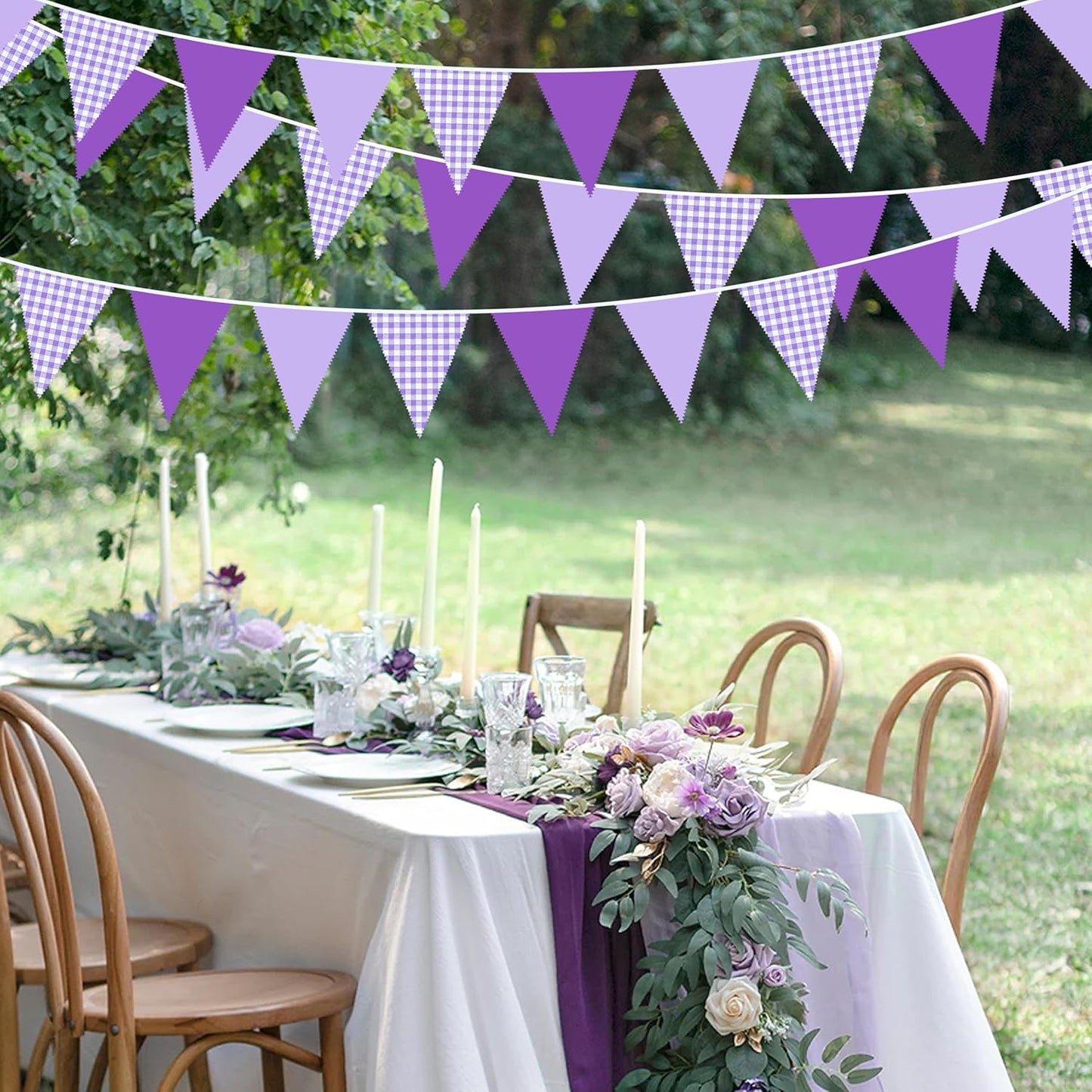 32Ft Dusty Blue Party Decorations Retro Blue Gingham Triangle Banner Flag Pennant Fabric Garland Streamers for Nautical Wedding Birthday Ahoy Achor Bridal Baby Shower Under The Sea Decor Supplies