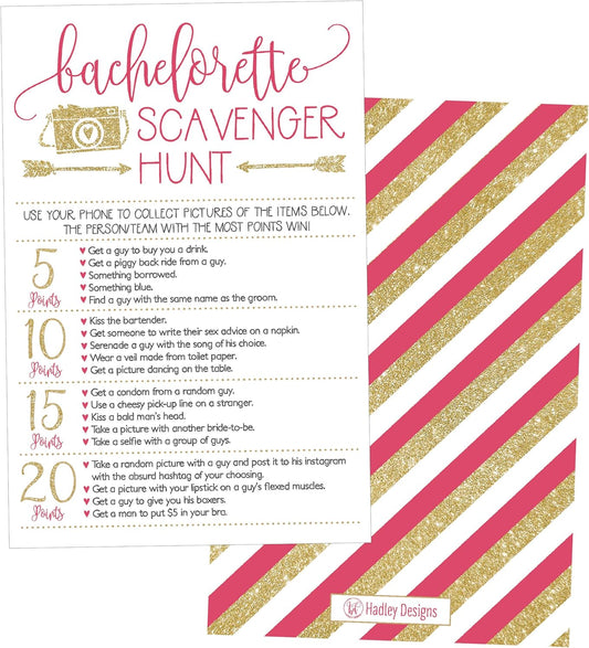 Hadley Designs 25 Bachelorette Scavenger Hunt Party Games, Girls Night Out Weekend Funny Naughty Cards, Drinking and Dares, Fun Novelty Decoration and Supplies Idea for Adult Woman Ladies Parties